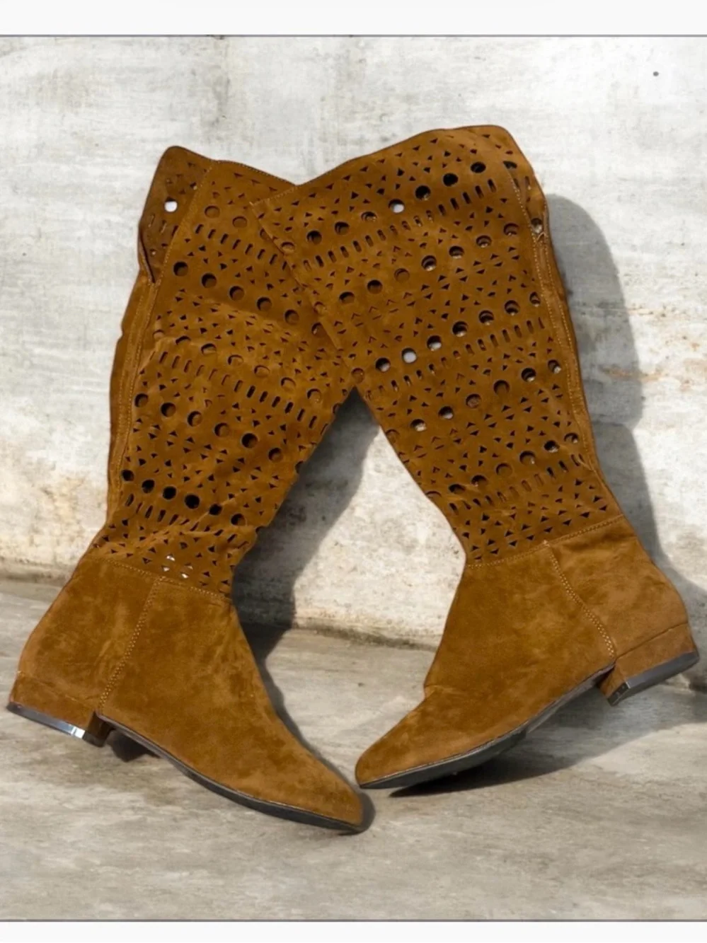 Knee-High Perforated Shaft Faux Suede Boots in Brown Size 9 New in Box